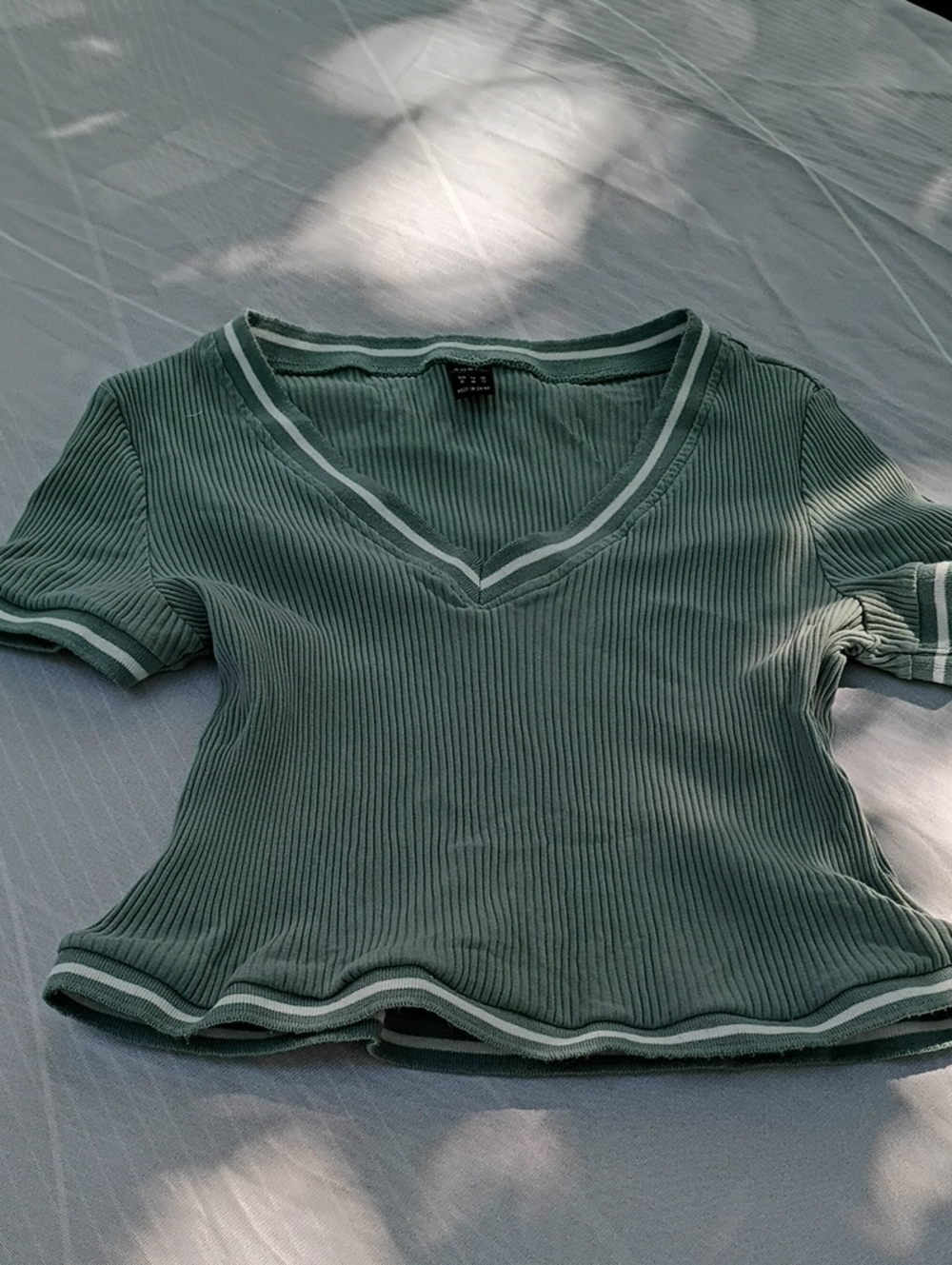 Ribbed V-Neck Short Sleeve Top in Sage Green